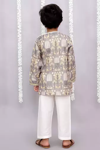 Grey printed cotton silk kurta pyjama