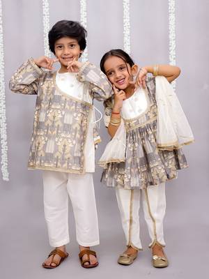 Grey printed cotton silk kurta pyjama 5