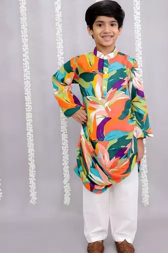 Multicolor printed cotton silk kurta pyjama
