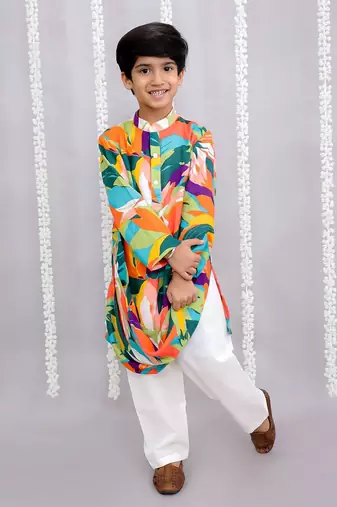 Multicolor printed cotton silk kurta pyjama