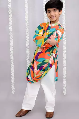 Multicolor printed cotton silk kurta pyjama