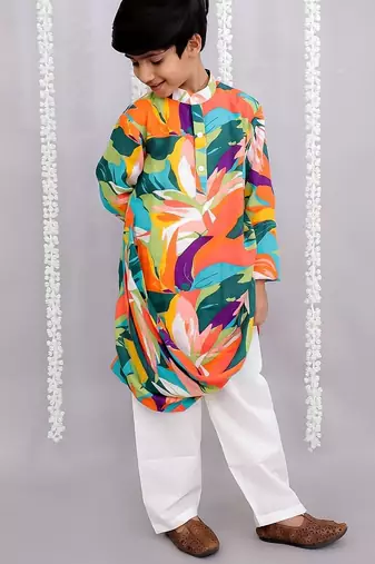 Multicolor printed cotton silk kurta pyjama