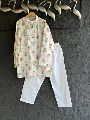 White printed cotton silk kurta pyjama 1