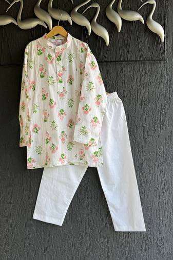 White printed cotton silk kurta pyjama
