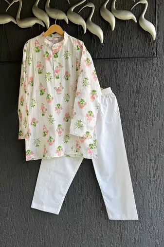 White printed cotton silk kurta pyjama