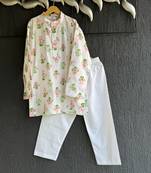 White printed cotton silk kurta pyjama