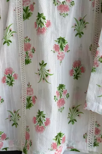 White printed cotton silk kurta pyjama