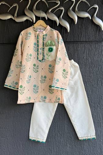 Beige printed cotton silk kurta pyjama
