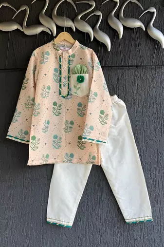 Beige printed cotton silk kurta pyjama