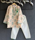 Beige printed cotton silk kurta pyjama