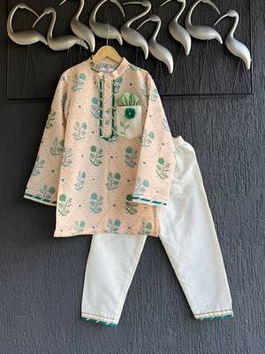 Beige printed cotton silk kurta pyjama 3