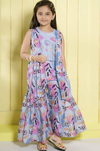 Sky blue embriodered muslin cotton woven sharara and top set