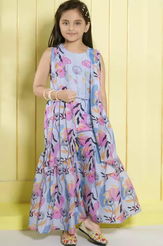 Sky blue embriodered muslin cotton woven sharara and top set