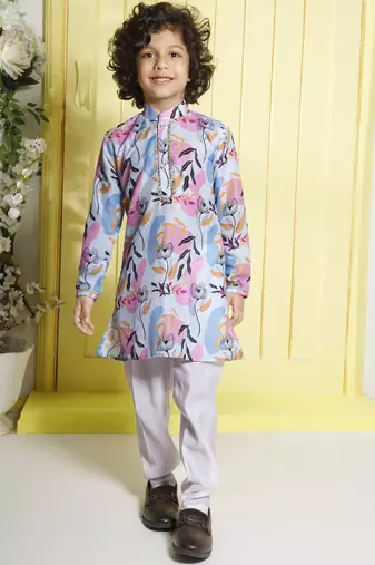 Sky blue digital printed muslin cotton woven kurta pajama sets