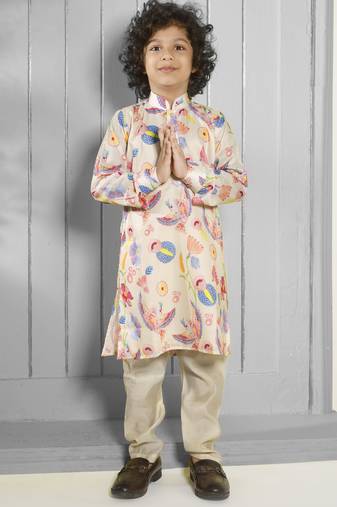 Cream digital printed muslin cotton woven kurta pajama sets