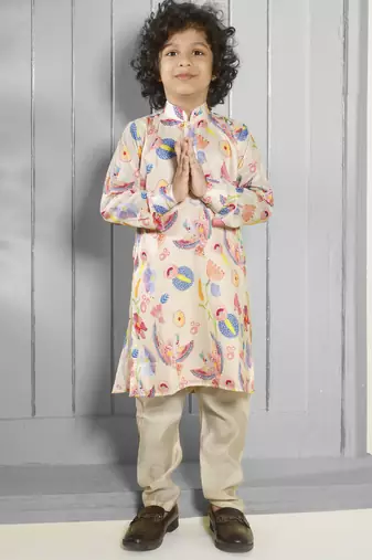 Cream digital printed muslin cotton woven kurta pajama sets