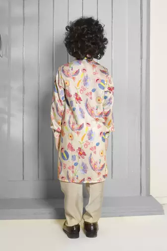 Cream digital printed muslin cotton woven kurta pajama sets