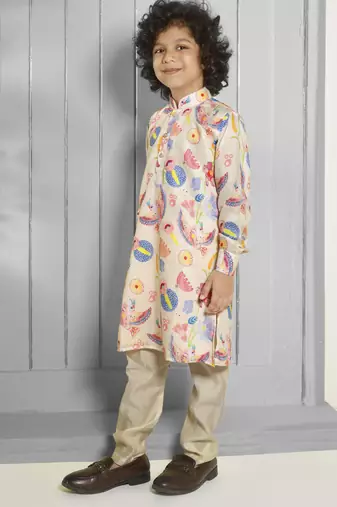 Cream digital printed muslin cotton woven kurta pajama sets