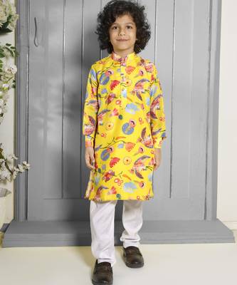 Yellow floral printed muslin kurta pajama sets 1