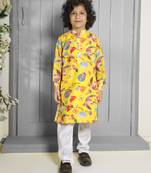 Yellow floral printed muslin kurta pajama sets