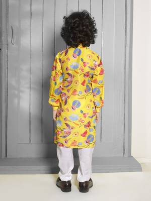 Yellow floral printed muslin kurta pajama sets 2