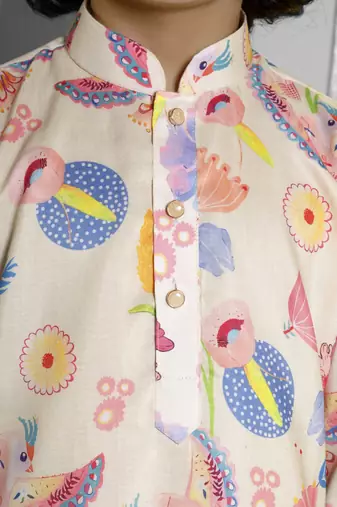 Cream digital printed muslin cotton woven kurta pajama sets