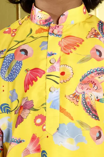 Yellow floral printed muslin kurta pajama sets