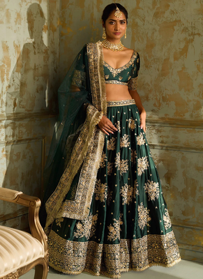 Green Zari Thread Embroidered Silk Lehenga Choli 1