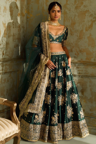 Green Zari Thread Embroidered Silk Lehenga Choli