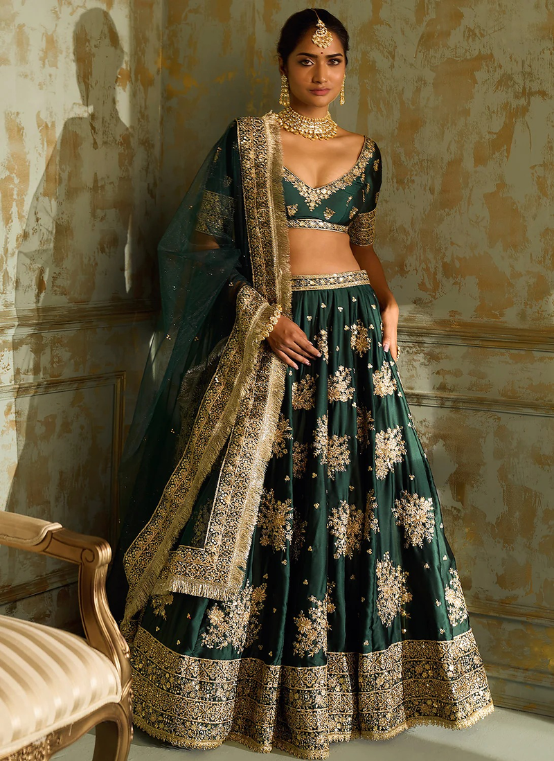 Green Zari Thread Embroidered Silk Lehenga Choli