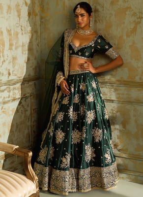 Green Zari Thread Embroidered Silk Lehenga Choli 2