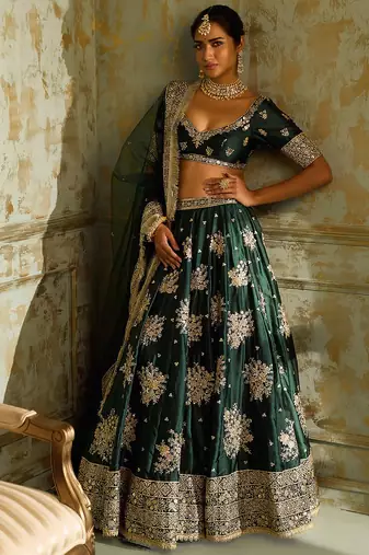 Green Zari Thread Embroidered Silk Lehenga Choli