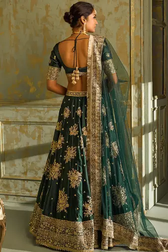 Green Zari Thread Embroidered Silk Lehenga Choli