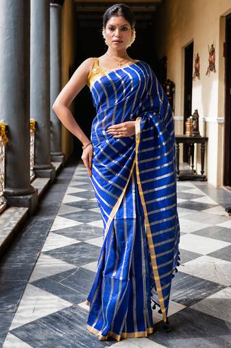 Blue Stripe Shimmer Handloom Mul Cotton Saree