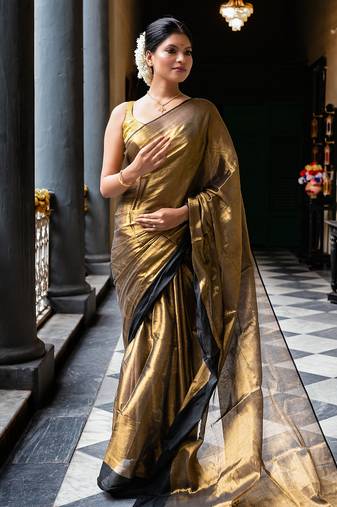 Gold Mul Cotton saree with Deep Contrast Border