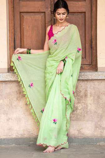 Green Mul Cotton Embroidered Saree