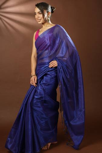 Blue Handloom Mul Cotton Tissue Saree