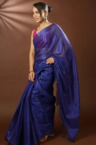Blue Handloom Mul Cotton Tissue Saree