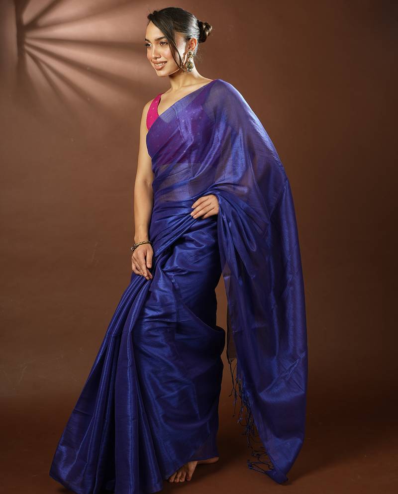 Blue Handloom Mul Cotton Tissue Saree
