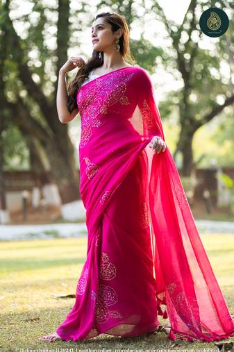 Pink Rose Kantha Embroidered Mul Cotton Saree
