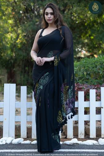 Black Rose Kantha Embroidered Mul Cotton Saree