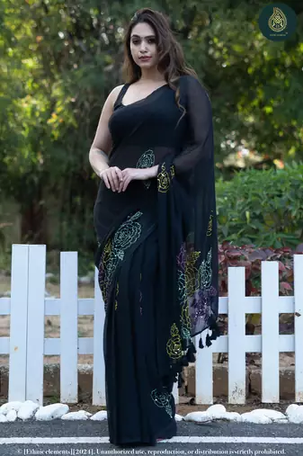 Black Rose Kantha Embroidered Mul Cotton Saree