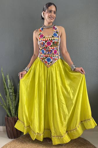 Lemon Chinon Silk Lehenga With Heavy Embroidery Thread Work Choli