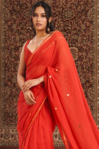 Red Mul Cotton Saree with Zari Border Gini Work
