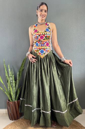 Green Chinon Silk Lehenga With Heavy Embroidery Thread Work Choli