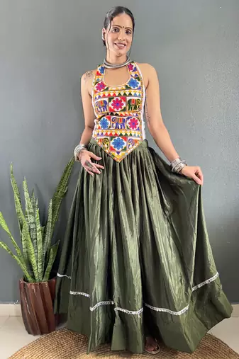 Green Chinon Silk Lehenga With Heavy Embroidery Thread Work Choli