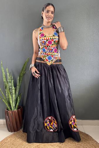 Black Chinon Silk Lehenga With Heavy Embroidery Thread Work Choli