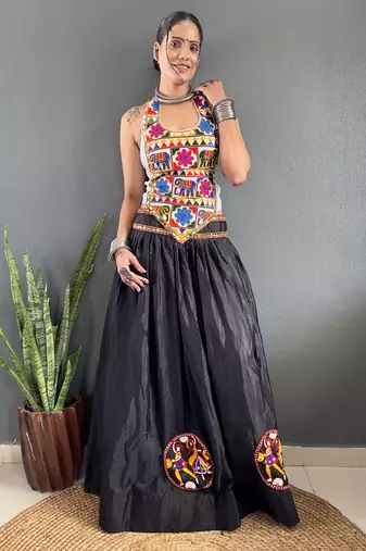 Black Chinon Silk Lehenga With Heavy Embroidery Thread Work Choli