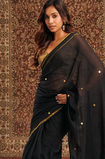 Black Mul Cotton Saree with Zari Border Gini Work
