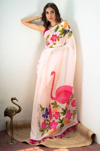 Peach Handpainted Mul Cotton Saree